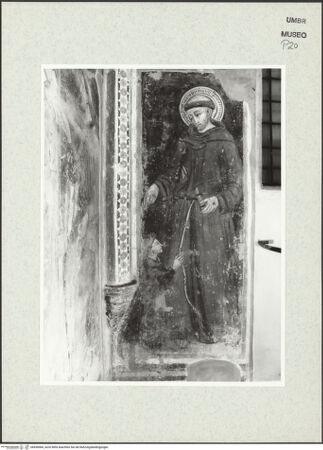 Vorderseite von Museum [https://www.deutsche-digitale-bibliothek.de/content/lizenzen/rv-ez/] Apsisdekoration mit Passionsszenen und HeiligenHeiliger Franziskus mit Stifter - Gesamtansicht, bh438984_recto. Foto.