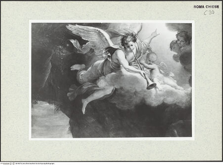 Vorderseite von Sopr. Beni Artistici Storici Roma [https://www.deutsche-digitale-bibliothek.de/content/lizenzen/rv-ez/] Der Heilige Eustachius als Eremit - Detail: Engel mit Posaune über dem Heiligen, bh440076_recto. Foto.