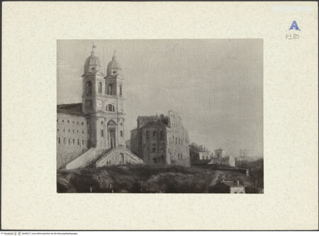 Vorderseite von unbekannt [https://rightsstatements.org/page/CNE/1.0/] Ansicht von Rom (Santissima Trinità dei Monti und Palazzo Zuccari am linken Bildrand) - Detail E mit Palazzo Zuccari, bh440217_recto. Foto.
