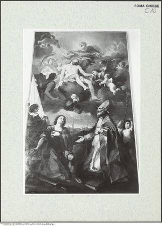 Vorderseite von Sopr. BAS ROMA [https://www.deutsche-digitale-bibliothek.de/content/lizenzen/rv-ez/] Die Dreifaltigkeit mit den heiligen Vanantius und Ansuinus - , bh443085_recto. Foto.