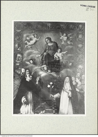 Vorderseite von Sopr. BAS ROMA [https://www.deutsche-digitale-bibliothek.de/content/lizenzen/rv-ez/] Madonna del Rosario mit dem heiligen Dominikus und der heiligen Klara - , bh444054_recto. Foto.