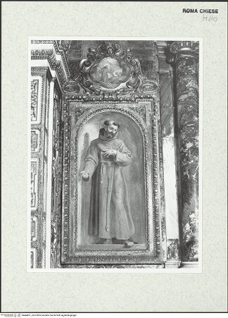 Vorderseite von Sopr. BAS ROMA [https://www.deutsche-digitale-bibliothek.de/content/lizenzen/rv-ez/] Wand- und Deckenmalereien in der AndreaskapelleFresken der Altarwand: Santa Francesca Romana und Franziskus - Der heilige Franziskus, bh444691_recto. Foto.