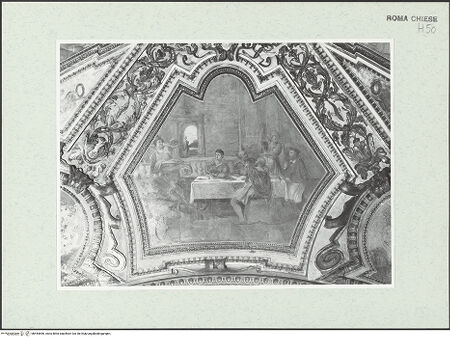 Vorderseite von Sopr. BAS ROMA [https://www.deutsche-digitale-bibliothek.de/content/lizenzen/rv-ez/] Wand- und Deckenmalereien in der AndreaskapelleDeckenfresken in der Cappella di Sant'AndreaMartyrium des Andreas - 5 Personen, darunter ein Kardinal beim Mahl, bh444696_recto. Foto.