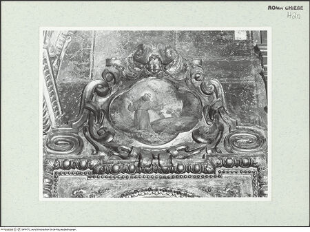 Vorderseite von Sopr. BAS ROMA [https://www.deutsche-digitale-bibliothek.de/content/lizenzen/rv-ez/] Wand- und Deckenmalereien in der AndreaskapelleFresken der Altarwand: Santa Francesca Romana und Franziskus - Feld über dem Franziskusfresko: Franziskus empfängt die Stigmata, bh444712_recto. Foto.