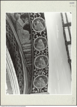 Vorderseite von Lieberman, Ralph [https://www.deutsche-digitale-bibliothek.de/content/lizenzen/rv-ez/] Szenen aus dem Leben des heiligen Franz von Assisi und HeiligeDer heilige Franz von Assisi und seine ersten Ordensbrüder (Medaillons) - Detail mit vier Medaillons (Angelo, Ginepro, Johannes, Sabbatinus), bh445323_recto. Foto.