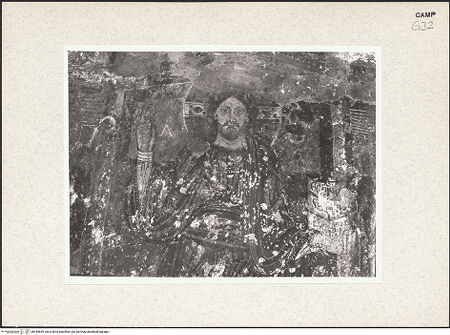 Vorderseite von Istituto di Storia dell'Arte dell'Università di Roma, La Sapienza [https://www.deutsche-digitale-bibliothek.de/content/lizenzen/rv-ez/] WandbildzyklusThronender Christus zwischen Heiligen - Christus, Detail (vor der Restaurierung), bh445659_recto. Foto.