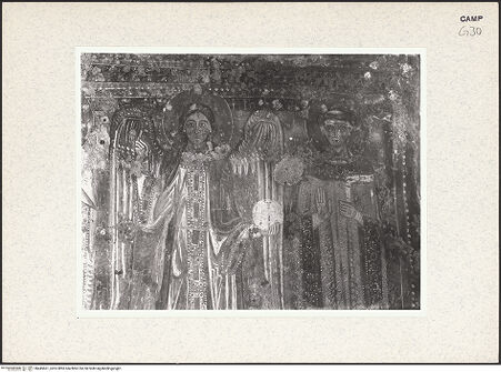 Vorderseite von Istituto di Storia dell'Arte dell'Università di Roma, La Sapienza [https://www.deutsche-digitale-bibliothek.de/content/lizenzen/rv-ez/] WandbildzyklusThronende Madonna zwischen Heiligen - Erzengel Michael und heiliger Stephanus, Detail (vor der Restaurierung), bh445661_recto. Foto.