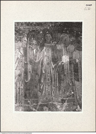 Vorderseite von Istituto di Storia dell'Arte dell'Università di Roma, La Sapienza [https://www.deutsche-digitale-bibliothek.de/content/lizenzen/rv-ez/] WandbildzyklusThronende Madonna zwischen Heiligen - Erzengel Michael (vor der Restaurierung), bh445662_recto. Foto.