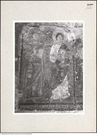Vorderseite von Istituto di Storia dell'Arte dell'Università di Roma, La Sapienza [https://www.deutsche-digitale-bibliothek.de/content/lizenzen/rv-ez/] WandbildzyklusThronende Madonna zwischen Heiligen - Zwei Heilige (Apostel? vor der Restaurierung), bh445664_recto. Foto.