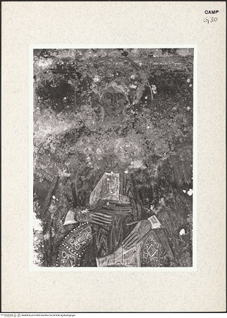 Vorderseite von Istituto di Storia dell'Arte dell'Università di Roma, La Sapienza [https://www.deutsche-digitale-bibliothek.de/content/lizenzen/rv-ez/] WandbildzyklusThronende Madonna zwischen Heiligen - Madonna, Detail (vor der Restaurierung), bh445668_recto. Foto.