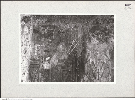 Vorderseite von Istituto di Storia dell'Arte dell'Università di Roma, La Sapienza [https://www.deutsche-digitale-bibliothek.de/content/lizenzen/rv-ez/] WandbildzyklusThronende Madonna zwischen Heiligen - Heiliger Petrus zwischen zwei Heiligen, Detail (vor der Restaurierung), bh445670_recto. Foto.