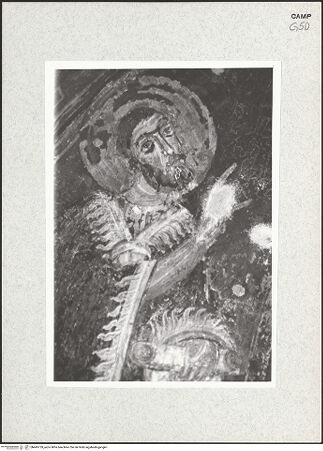 Vorderseite von Pace, Valentino [https://www.deutsche-digitale-bibliothek.de/content/lizenzen/rv-ez/] Zyklus der oberen KapelleMadonna zwischen den heiligen Nikolaus, Paulinus, Johannes dem Täufer und Johannes dem Evangelisten - Johannes der Täufer, Detail (nach der Restaurierung), bh445739_recto. Foto: Pace, Valentino.