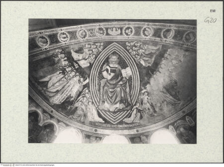 Vorderseite von Bibliotheca Hertziana [https://www.deutsche-digitale-bibliothek.de/content/lizenzen/rv-fz/] Zyklus: Verkündigung, Majestas Domini, Heiligen, Evangelisten, Kirchenväter und Szenen aus dem Leben des heiligen EustachiusMajestas Domini (Konche) - Gesamtansicht (mit Teil der Laibung des Triumphbogens), bh447373_recto. Foto: Savio, Oscar.