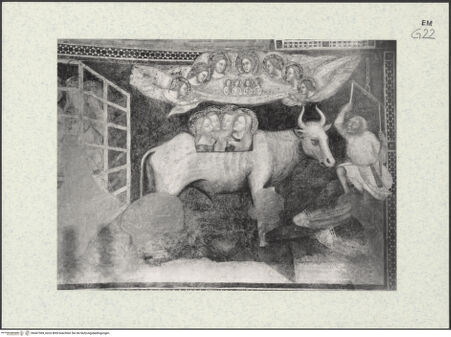 Vorderseite von Bibliotheca Hertziana [https://www.deutsche-digitale-bibliothek.de/content/lizenzen/rv-fz/] Zyklus: Verkündigung, Majestas Domini, Heiligen, Evangelisten, Kirchenväter und Szenen aus dem Leben des heiligen EustachiusSzenen aus dem Leben des heiligen Eustachius (unteres Register)Der Heilige Eustachius und seine Familie im Gefängnis; Martyrium von Eustachius und seiner Familie (unteres Register, 6) - Detail, bh447389_recto. Foto: Savio, Oscar.