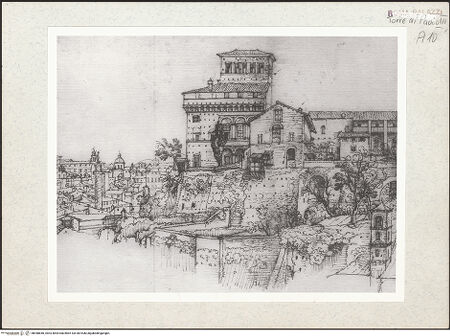 Vorderseite von Tremain, Brian [https://www.deutsche-digitale-bibliothek.de/content/lizenzen/rv-fz/] Ansicht des Kapitols von Westen - Detail Mitte links: Traiansforum und die Torre di Paolo III., bh448840_recto. Foto.