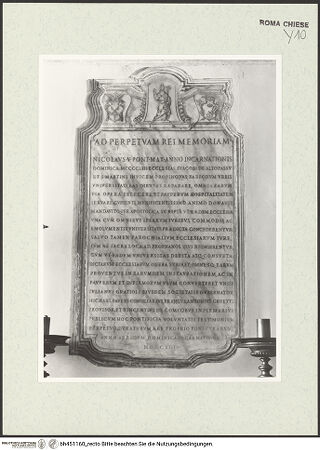 Vorderseite von Sopr. BAS ROMA [https://www.deutsche-digitale-bibliothek.de/content/lizenzen/rv-ez/] Inschrift der Überlassung der Kirchen San Giacomo di Altopasso und San Martino an die Università dei Ferrari durch Papst Nikolaus V. - , bh451160_recto. Foto.