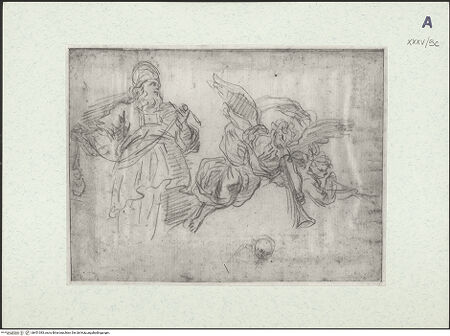 Vorderseite von Museum Kunstpalast [https://www.deutsche-digitale-bibliothek.de/content/lizenzen/rv-ez/] Links Gestalt eines Hohenpriesters. Rechts zwei Posaunen blasende Engel (Nachzeichnung nach einem unbestimmten Vorbild) - , bh451383_recto. Foto.