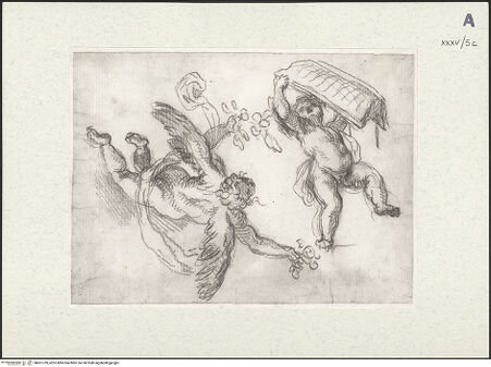 Vorderseite von Museum Kunstpalast [https://www.deutsche-digitale-bibliothek.de/content/lizenzen/rv-ez/] Blüten streuender Engel und Putto, der ein aufgeschlagenes Buch hält - , bh451739_recto. Foto.