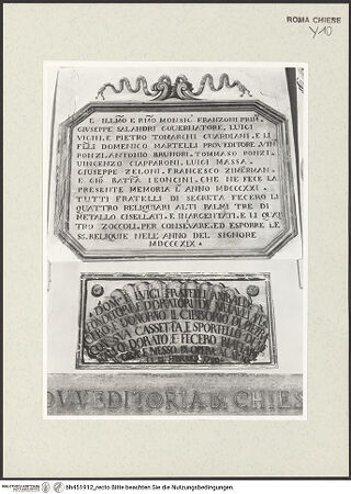 Vorderseite von Sopr. BAS ROMA [https://www.deutsche-digitale-bibliothek.de/content/lizenzen/rv-ez/] Serie von Wandinschriften der Bruderschaft der Ferrari - Inschrift der Stiftung eines Reliquiars von Mitbrüdern des Ordens von 1821; Inschrift der Stiftung eines Marmorziborium durch die Brüder Anibaldi von 1780, bh451912_recto. Foto.