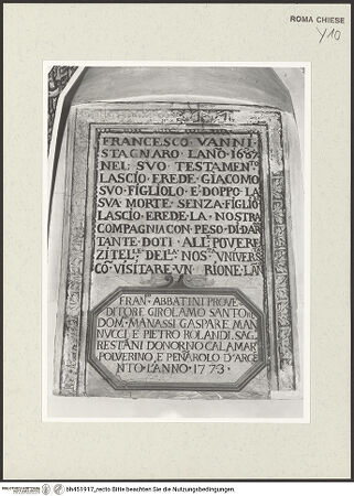 Vorderseite von Sopr. BAS ROMA [https://www.deutsche-digitale-bibliothek.de/content/lizenzen/rv-ez/] Serie von Wandinschriften der Bruderschaft der Ferrari - Inschrift einer Stiftung von Bruder Vanni, 1687; Inschrift der Stiftung einer Schreibgarnitur, 1773, bh451917_recto. Foto.