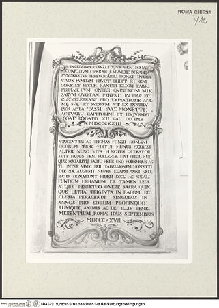 Vorderseite von Sopr. BAS ROMA [https://www.deutsche-digitale-bibliothek.de/content/lizenzen/rv-ez/] Serie von Wandinschriften der Bruderschaft der Ferrari - Inschrift einer Messstiftung von Vincenzio Ponzi, 1823; Inschrift über eine Erbschaft der Brüder Ponzi, 1828, bh451919_recto. Foto.