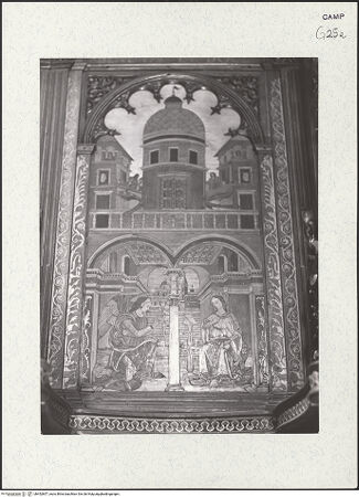 Vorderseite von Bibliotheca Hertziana [https://www.deutsche-digitale-bibliothek.de/content/lizenzen/rv-fz/] Coro dei Padri (Chor der Mönche)Dorsale mit neutestamentlichen SzenenBildfeld 1: Mariä Verkündigung - Gesamtansicht, bh452857_recto. Foto: Zallinger zu Stillendorf, Marlies von.