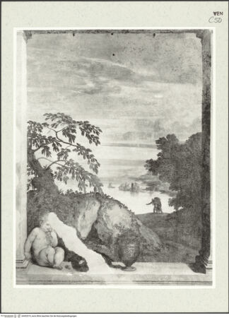 Vorderseite von Böhm, Osvaldo [https://www.deutsche-digitale-bibliothek.de/content/lizenzen/rv-ez/] Landschaftsausblicke aus einer fingierten LoggiaTraubenessender Putto mit Hund und Vase vor Flusslandschaft - Gesamtansicht, bh453319_recto. Foto.