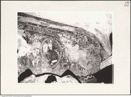 Vorderseite von Getty Research Institute? [https://www.deutsche-digitale-bibliothek.de/content/lizenzen/rv-ez/] Reste der Wandbemalung: Christus-Clipeus, flankiert von Papst Urban IV. und der heiligen Christina; Jüngstes Gericht - Rechte Hälfte, bh455811_recto. Foto: Hutzel, Max.