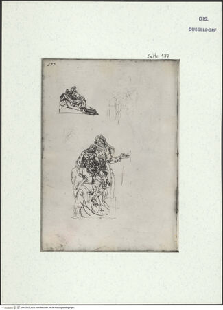 Vorderseite von Museum Kunstpalast [https://www.deutsche-digitale-bibliothek.de/content/lizenzen/rv-ez/] L'arte del disegno, e le vivezze dell'ingegno di Guglielmo della Porta celebre scultore, et architetto ... (2 Bände)Zweiter (kleiner) Band mit zwei Skizzenbüchern und einem angefügten KonvolutDas zweite SkizzenheftSeite 177: Zweifigurengruppe auf einem abgeschrägten Postament; Leichnam Christi von Engeln (?) gehalten; Pietà - , bh455905_recto. Foto.