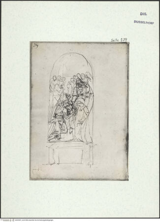 Vorderseite von Museum Kunstpalast [https://www.deutsche-digitale-bibliothek.de/content/lizenzen/rv-ez/] L'arte del disegno, e le vivezze dell'ingegno di Guglielmo della Porta celebre scultore, et architetto ... (2 Bände)Zweiter (kleiner) Band mit zwei Skizzenbüchern und einem angefügten KonvolutDas zweite SkizzenheftSeite 179: Schlüsselübergabe an Petrus - , bh455907_recto. Foto.