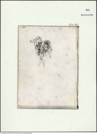 Vorderseite von Museum Kunstpalast [https://www.deutsche-digitale-bibliothek.de/content/lizenzen/rv-ez/] L'arte del disegno, e le vivezze dell'ingegno di Guglielmo della Porta celebre scultore, et architetto ... (2 Bände)Zweiter (kleiner) Band mit zwei Skizzenbüchern und einem angefügten KonvolutDas zweite SkizzenheftSeite 183: Passion: Die Kreuzabnahme - , bh455908_recto. Foto.