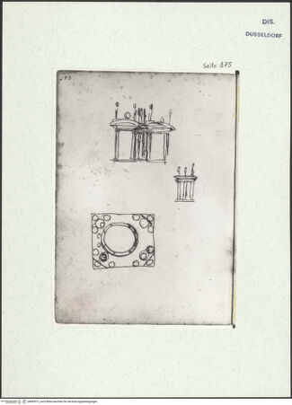 Vorderseite von Museum Kunstpalast [https://www.deutsche-digitale-bibliothek.de/content/lizenzen/rv-ez/] L'arte del disegno, e le vivezze dell'ingegno di Guglielmo della Porta celebre scultore, et architetto ... (2 Bände)Zweiter (kleiner) Band mit zwei Skizzenbüchern und einem angefügten KonvolutDas zweite SkizzenheftSeite 175: Doppelkolonnade für eine Festdekoration: Vorder- und Seitenansicht; Querschnitt in Höhe der Deckplatte - , bh455913_recto. Foto.