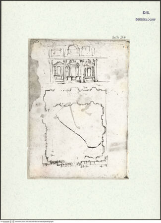 Vorderseite von Museum Kunstpalast [https://www.deutsche-digitale-bibliothek.de/content/lizenzen/rv-ez/] L'arte del disegno, e le vivezze dell'ingegno di Guglielmo della Porta celebre scultore, et architetto ... (2 Bände)Zweiter (kleiner) Band mit zwei Skizzenbüchern und einem angefügten KonvolutDas zweite SkizzenheftSeite 167: Entwurf für einen Kapellenbau (Oratorio di San Carlo in Porlezza?): Grundriss; Aufriss der Altarwand - , bh455918_recto. Foto.