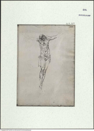 Vorderseite von Museum Kunstpalast [https://www.deutsche-digitale-bibliothek.de/content/lizenzen/rv-ez/] L'arte del disegno, e le vivezze dell'ingegno di Guglielmo della Porta celebre scultore, et architetto ... (2 Bände)Zweiter (kleiner) Band mit zwei Skizzenbüchern und einem angefügten KonvolutDas zweite SkizzenheftSeite 150: Christus am Kreuz - , bh455920_recto. Foto.