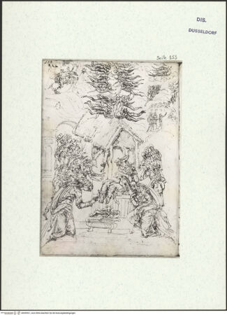 Vorderseite von Museum Kunstpalast [https://www.deutsche-digitale-bibliothek.de/content/lizenzen/rv-ez/] L'arte del disegno, e le vivezze dell'ingegno di Guglielmo della Porta celebre scultore, et architetto ... (2 Bände)Zweiter (kleiner) Band mit zwei Skizzenbüchern und einem angefügten KonvolutDas zweite SkizzenheftSeite 153: Anbetung der Hirten - , bh455921_recto. Foto.