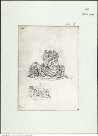 Vorderseite von Museum Kunstpalast [https://www.deutsche-digitale-bibliothek.de/content/lizenzen/rv-ez/] L'arte del disegno, e le vivezze dell'ingegno di Guglielmo della Porta celebre scultore, et architetto ... (2 Bände)Zweiter (kleiner) Band mit zwei Skizzenbüchern und einem angefügten KonvolutDas zweite SkizzenheftSeite 141: Beweinung Christi mit den beiden Schächern mit kleiner Variante - , bh455924_recto. Foto.