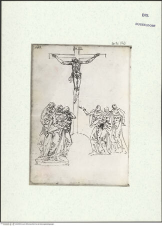 Vorderseite von Museum Kunstpalast [https://www.deutsche-digitale-bibliothek.de/content/lizenzen/rv-ez/] L'arte del disegno, e le vivezze dell'ingegno di Guglielmo della Porta celebre scultore, et architetto ... (2 Bände)Zweiter (kleiner) Band mit zwei Skizzenbüchern und einem angefügten KonvolutDas zweite SkizzenheftSeite 143: Passion: Die Kreuzigung; Szene der Passionsfolge - , bh455925_recto. Foto.