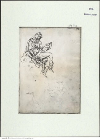 Vorderseite von Museum Kunstpalast [https://www.deutsche-digitale-bibliothek.de/content/lizenzen/rv-ez/] L'arte del disegno, e le vivezze dell'ingegno di Guglielmo della Porta celebre scultore, et architetto ... (2 Bände)Zweiter (kleiner) Band mit zwei Skizzenbüchern und einem angefügten KonvolutDas zweite SkizzenheftSeite 144: Sibylle; Gewandpartie von einer nach links sitzenden Figur - , bh455926_recto. Foto.