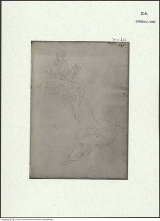 Vorderseite von Museum Kunstpalast [https://www.deutsche-digitale-bibliothek.de/content/lizenzen/rv-ez/] L'arte del disegno, e le vivezze dell'ingegno di Guglielmo della Porta celebre scultore, et architetto ... (2 Bände)Zweiter (kleiner) Band mit zwei Skizzenbüchern und einem angefügten KonvolutDas zweite SkizzenheftSeite 146: Zwei auf Bogensegmenten sitzende Frauengestalten: Fortitudo eloquentiae und die Himmlische Liebe - , bh455927_recto. Foto.