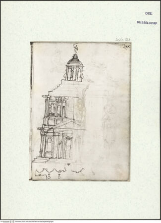 Vorderseite von Museum Kunstpalast [https://www.deutsche-digitale-bibliothek.de/content/lizenzen/rv-ez/] L'arte del disegno, e le vivezze dell'ingegno di Guglielmo della Porta celebre scultore, et architetto ... (2 Bände)Zweiter (kleiner) Band mit zwei Skizzenbüchern und einem angefügten KonvolutDas zweite SkizzenheftSeite 136: Fassadenentwurf für eine Kirche: Ansicht; Teilgrundriss der Fassade mit dem vorgelegten Säulenportikus - , bh455929_recto. Foto.