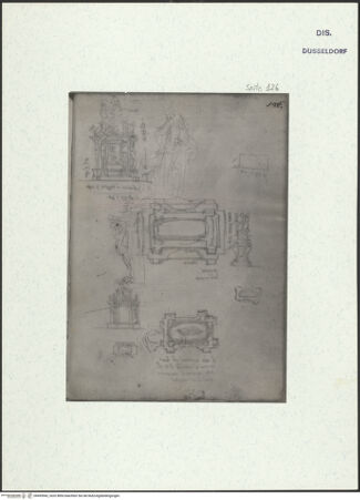 Vorderseite von Museum Kunstpalast [https://www.deutsche-digitale-bibliothek.de/content/lizenzen/rv-ez/] L'arte del disegno, e le vivezze dell'ingegno di Guglielmo della Porta celebre scultore, et architetto ... (2 Bände)Zweiter (kleiner) Band mit zwei Skizzenbüchern und einem angefügten KonvolutDas zweite SkizzenheftSeite 126: Ehrenstatue für Paul 4.: Große Seitenansicht des Denkmals; kleine Ansicht des Denkmals; kleiner Grundriss; größerer Grundriss - , bh455942_recto. Foto.