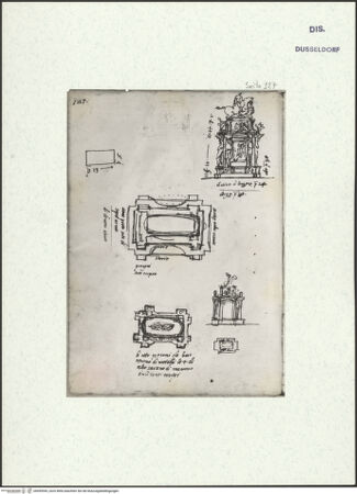 Vorderseite von Museum Kunstpalast [https://www.deutsche-digitale-bibliothek.de/content/lizenzen/rv-ez/] L'arte del disegno, e le vivezze dell'ingegno di Guglielmo della Porta celebre scultore, et architetto ... (2 Bände)Zweiter (kleiner) Band mit zwei Skizzenbüchern und einem angefügten KonvolutDas zweite SkizzenheftSeite 127: Reiterstatue Kaiser Karls 5.: Dritte Fassung; vierte Fassung: Große Ansicht des Denkmals; kleine Ansicht des Denkmals; Grundriss der Standplatte für die Reitergruppe; großer Grundriss des Postamentaufbaus in beiden Geschossen; Schnitt zwischen Haupt- und Obergeschoss und Variante - , bh455943_recto. Foto.