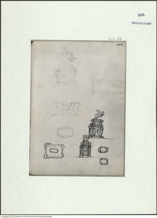 Vorderseite von Museum Kunstpalast [https://www.deutsche-digitale-bibliothek.de/content/lizenzen/rv-ez/] L'arte del disegno, e le vivezze dell'ingegno di Guglielmo della Porta celebre scultore, et architetto ... (2 Bände)Zweiter (kleiner) Band mit zwei Skizzenbüchern und einem angefügten KonvolutDas zweite SkizzenheftSeite 116: Reiterstandbild Kaiser Karls 5.: Erste Fassung: Ansicht der Langseite; Ansicht der Schmalseite; Grundriss des Sockels; Zweite Fassung: Ansicht der Langseite mit dem nach rechts sprengenden Reiter; Ansicht der Langseite mit dem nach links sprengenden Reiter; Schnitt durch den Denkmalsockel am Fuß des Untergeschosses (2x); Schnitt durch den Denkmalsockel am Fuß des Obergeschosses - , bh455946_recto. Foto.