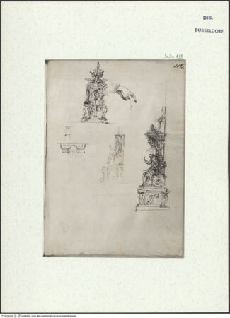 Vorderseite von Museum Kunstpalast [https://www.deutsche-digitale-bibliothek.de/content/lizenzen/rv-ez/] L'arte del disegno, e le vivezze dell'ingegno di Guglielmo della Porta celebre scultore, et architetto ... (2 Bände)Zweiter (kleiner) Band mit zwei Skizzenbüchern und einem angefügten KonvolutDas zweite SkizzenheftSeite 118: Grabmal für Paul 4. Carafa: Vorderansicht: Querschnitt in der Höhe der Armstützplatten über den Sesselvoluten; Kleine Teilansicht der Säulenstellung und ihrer Kapitelle neben der Thronlehne; Skizze einer herabhängenden rechten Hand; Kleine und große Seitenansicht - , bh455947_recto. Foto.