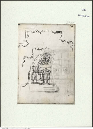Vorderseite von Museum Kunstpalast [https://www.deutsche-digitale-bibliothek.de/content/lizenzen/rv-ez/] L'arte del disegno, e le vivezze dell'ingegno di Guglielmo della Porta celebre scultore, et architetto ... (2 Bände)Zweiter (kleiner) Band mit zwei Skizzenbüchern und einem angefügten KonvolutDas zweite SkizzenheftSeite 110: Grundriss der Altarnische und Variante; Ansicht der Altarwand - , bh455950_recto. Foto.