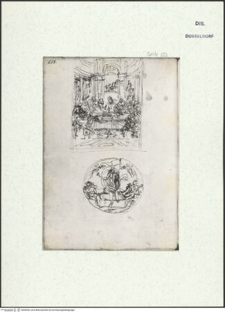 Vorderseite von Museum Kunstpalast [https://www.deutsche-digitale-bibliothek.de/content/lizenzen/rv-ez/] L'arte del disegno, e le vivezze dell'ingegno di Guglielmo della Porta celebre scultore, et architetto ... (2 Bände)Zweiter (kleiner) Band mit zwei Skizzenbüchern und einem angefügten KonvolutDas zweite SkizzenheftSeite 113: Passion: Das Abendmahl; der Auferstehende, Entwurf für eine Rundplakette - , bh455953_recto. Foto.