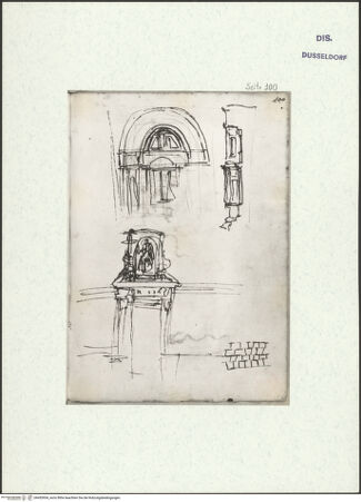 Vorderseite von Museum Kunstpalast [https://www.deutsche-digitale-bibliothek.de/content/lizenzen/rv-ez/] L'arte del disegno, e le vivezze dell'ingegno di Guglielmo della Porta celebre scultore, et architetto ... (2 Bände)Zweiter (kleiner) Band mit zwei Skizzenbüchern und einem angefügten KonvolutDas zweite SkizzenheftSeite 100: Entwurf für eine flache Altarnische; Portal mit bekrönender Statue in einer Nische - , bh455954_recto. Foto.