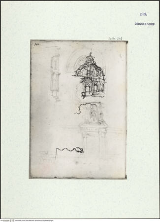 Vorderseite von Museum Kunstpalast [https://www.deutsche-digitale-bibliothek.de/content/lizenzen/rv-ez/] L'arte del disegno, e le vivezze dell'ingegno di Guglielmo della Porta celebre scultore, et architetto ... (2 Bände)Zweiter (kleiner) Band mit zwei Skizzenbüchern und einem angefügten KonvolutDas zweite SkizzenheftSeite 101: Kuppel der Kapelle, Ansicht und Grundriss; Teilgrundriss der Rundkapelle - , bh455955_recto. Foto.