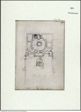 Vorderseite von Museum Kunstpalast [https://www.deutsche-digitale-bibliothek.de/content/lizenzen/rv-ez/] L'arte del disegno, e le vivezze dell'ingegno di Guglielmo della Porta celebre scultore, et architetto ... (2 Bände)Zweiter (kleiner) Band mit zwei Skizzenbüchern und einem angefügten KonvolutDas zweite SkizzenheftSeite 102: Gesamtgrundriss; Ansicht der Kuppel - , bh455956_recto. Foto.