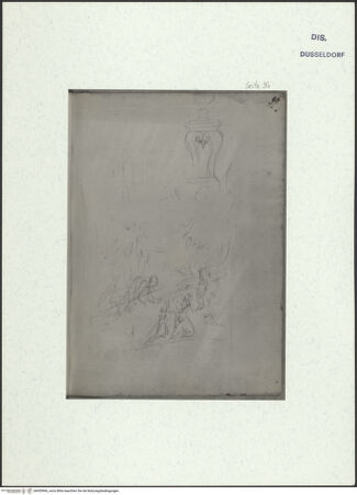 Vorderseite von Museum Kunstpalast [https://www.deutsche-digitale-bibliothek.de/content/lizenzen/rv-ez/] L'arte del disegno, e le vivezze dell'ingegno di Guglielmo della Porta celebre scultore, et architetto ... (2 Bände)Zweiter (kleiner) Band mit zwei Skizzenbüchern und einem angefügten KonvolutDas zweite SkizzenheftSeite 94: Passion: Die Kreuztragung; Postament für eine Bronze- oder Marmorbüste - , bh455960_recto. Foto.